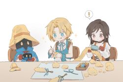 ! 1boy 2boys aqua_eyes aqua_vest black_choker black_hair blonde_hair blue_coat bodysuit brown_eyes brushing_tail cat_tail chibi choker coat final_fantasy final_fantasy_ix garnet_til_alexandros_xvii hair_brush hat hoban_rkgk holding holding_hair_brush long_hair low_ponytail multiple_boys orange_bodysuit parted_bangs ponytail sitting sparkle spoken_exclamation_mark tail vivi_ornitier white_background wizard_hat yellow_eyes zidane_tribal