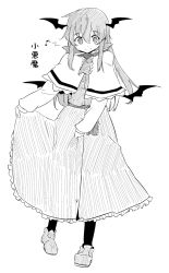Rule 34 | 1girl, alice margatroid, alice margatroid (cosplay), alternate costume, bat wings, capelet, character name, clothes lift, cosplay, dress, dress lift, female focus, frills, full body, greyscale, head wings, high collar, koakuma, loafers, long hair, low wings, lysander z, monochrome, musical note, pantyhose, pigeon-toed, ribbon, shoes, sidelocks, simple background, skirt hold, smile, solo, touhou, vest, white background, wings