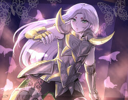 1boy androgynous aries_muu armor bug butterfly cowboy_shot fake_horns gold_armor gold_cloth gold_saint green_eyes hair_undone hand_up horned_armor horns insect long_hair looking_at_viewer male_focus mizuhara_aki parted_lips purple_hair saint_seiya solo sweatdrop