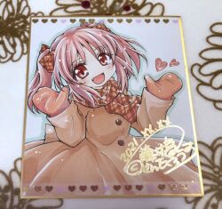 1girl :d blush bow brown_coat buttons character_request check_character check_copyright coat commentary_request copyright_request cowboy_shot fang fujii_ryou hair_bow kantai_collection looking_at_viewer mittens open_mouth orange_mittens orange_scarf pink_hair plaid_bow plaid_clothes plaid_scarf sazanami_(kancolle) scarf shikishi short_hair simple_background smile solo twintails white_background