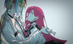 2girls black_necktie blue_eyes chinese_commentary collar commentary_request cupcakes_(my_little_pony) dark_persona eye_contact eyeball holding holding_syringe long_hair looking_at_another multicolored_hair multiple_girls my_little_pony my_little_pony:_friendship_is_magic nanminghaian necktie open_mouth personification pink_hair pinkamena_diane_pie pinkie_pie ponytail rainbow_dash rainbow_factory rainbow_hair shirt spiked_collar spikes syringe variant_set white_background white_shirt yuri