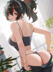 Rule 34 | 1girl, ass, back, bare shoulders, black hair, black panties, breasts, closed mouth, cowboy shot, crop top, dutch angle, from behind, g-string, hair between eyes, highres, indoors, large breasts, looking at viewer, looking back, medium hair, multicolored hair, neo (neorarty3), orange eyes, panties, ponytail, red eyes, red hair, revision, sidelocks, solo, streaked hair, string panties, sweat, thong, two-tone hair, underwear, zenless zone zero, zhu yuan