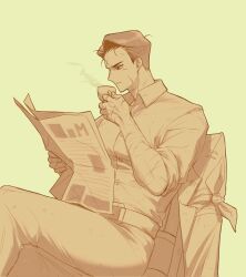 1boy belt blonde_hair chair collared_shirt crossed_legs cup hair_slicked_back highres holding holding_cup holding_newspaper jacket lcb_uniform_(project_moon) leaning_back limbus_company male_focus meursault_(project_moon) multiple_scars narrowed_eyes newspaper nyak_138 on_chair project_moon scar scar_on_arm scar_on_face scars_all_over sepia serious shirt short_hair sitting solo steam too_many unworn_jacket yellow_theme