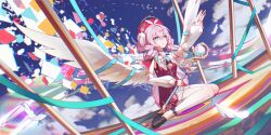 1girl aqua_bow aqua_eyes black_shoes blue_sky bow breasts commentary_request day dress dutch_angle falling_feathers feathers gleam_lin_shi gradient_hair hair_between_eyes hand_up hat highres holding holding_staff honkai:_star_rail honkai_(series) hyacine_(honkai:_star_rail) layered_dress long_sleeves looking_ahead multicolored_hair on_ground open_mouth pantyhose pink_hair reaching red_dress red_hat shoes sitting sky small_breasts solo staff twintails wariza white_pantyhose white_wings wings