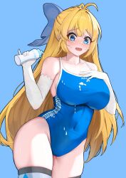 1girl absurdres ahoge armpits blonde_hair blue_background blue_eyes blue_one blue_ribbon blue_thighhighs blush bottle breasts covered_navel cyken_(cyken0718) embarrassed eyebrows_hidden_by_hair gloves groin hair_ribbon hand_on_own_chest highres holding holding_bottle large_breasts long_hair lotion open_mouth original ribbon simple_background solo sunscreen sweat thighhighs very_long_hair wavy_mouth white_gloves