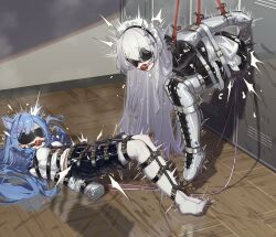 Rule 34 | 2girls, absurdres, armbinder, arms behind back, artist request, ball gag, bdsm, black blindfold, blindfold, blue hair, bodysuit, bondage, bound, breasts, forced orgasm, gag, gagged, highres, latex, latex bodysuit, legbinder, long hair, maid headdress, midriff peek, multiple girls, orgasm, original, pussy juice, restrained, saliva, shibari, shibari over clothes, shirt, small breasts, suspension, very long hair, white hair, white shirt, wiffle gag