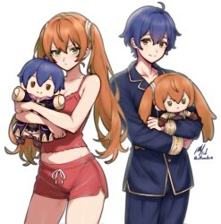 1boy 1girl ahoge artist_name blue_hair blue_pajamas blue_pants breasts brown_eyes camisole character_doll cleavage closed_mouth collarbone commentary commission english_commentary fire_emblem fire_emblem_awakening green_eyes hair_between_eyes highres hugging_doll hugging_object long_hair long_sleeves looking_at_viewer medium_breasts midriff morgan_(fire_emblem) morgan_(male)_(fire_emblem) navel nintendo orange_hair pajamas pants red_camisole red_shorts rotomdocs severa_(fire_emblem) short_hair shorts signature simple_background smile spaghetti_strap standing thighs twintails watermark white_background
