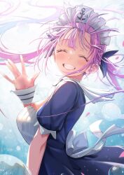 1girl anchor_print anchor_symbol blue_dress blue_hair breasts closed_eyes dress highres hololive long_hair mappaninatta medium_breasts minato_aqua minato_aqua_(1st_costume) multicolored_hair pink_hair smile solo streaked_hair twintails two-tone_hair virtual_youtuber white_headdress wrist_cuffs