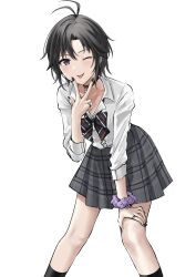 1girl ;p absurdres aburi-gatana antenna_hair bangle black_bow black_bowtie black_choker black_eyes black_hair black_nails black_socks bow bowtie bracelet choker collarbone collared_shirt concept_gyarus_(idolmaster) diagonal-striped_bow diagonal-striped_bowtie diagonal-striped_clothes ear_piercing fingernails grey_skirt gyaru hand_on_own_thigh hand_up heart heart_choker highres idolmaster idolmaster_(classic) idolmaster_million_live! idolmaster_million_live!_theater_days jewelry kikuchi_makoto kogal leaning_forward long_fingernails long_sleeves looking_at_viewer loose_bowtie nail_polish one_eye_closed open_collar piercing plaid_clothes plaid_skirt pleated_skirt purple_scrunchie ring school_uniform scrunchie shirt short_hair simple_background skirt socks solo standing striped_clothes tongue tongue_out w white_background white_shirt wrist_scrunchie