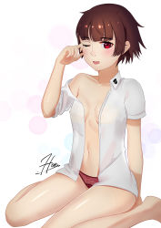 1girl barefoot blunt_bangs breasts brown_hair cleavage collarbone collared_shirt covered_erect_nipples dress_shirt female_focus highres horikkita navel niijima_makoto one_eye_closed open_clothes open_mouth open_shirt panties persona persona_5 red_eyes red_panties shiny_skin shirt short_hair short_sleeves signature simple_background sitting small_breasts solo underwear wariza white_background white_shirt wing_collar
