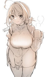 1girl ahoge artist_name breasts chougei_(kancolle) commentary_request cowboy_shot cup dated hair_ornament hair_rings hairclip highres holding holding_cup jacket kantai_collection kirisawa_juuzou large_breasts leaning_forward long_hair looking_at_viewer monochrome mug official_alternate_costume pencil_skirt skirt smile solo whale_hair_ornament