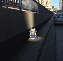 ._. 1girl :3 animal_hood blue_hair blue_hoodie blunt_bangs building car chibi commentary english_commentary fence fins fish_tail gawr_gura gawr_gura_(1st_costume) hair_ornament hololive hololive_english hood hoodie looking_at_viewer motor_vehicle multicolored_hair outdoors photo-referenced photo_background real_world_location road shark_girl shark_hair_ornament shark_hood shark_tail solid_circle_eyes solo standing streaked_hair street sunlight tail torororose virtual_youtuber