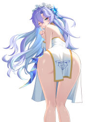 Rule 34 | 1girl, absurdres, ass, bare shoulders, blue eyes, blue flower, blue hair, breasts, cantarella (wuthering waves), commentary request, earrings, facial mark, fingernails, flower, from behind, hair between eyes, hair flower, hair ornament, hand up, headdress, highres, jewelry, kneepits, large breasts, leaning forward, long hair, looking at viewer, looking back, mark under eye, mdzzrbq233, nail polish, one eye closed, parted lips, purple hair, purple nails, simple background, smile, solo, very long hair, white background, wuthering waves