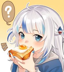 1girl ? absurdres ahoge blue_eyes blue_hoodie blue_nails blue_streaks bread bread_slice center-flap_bangs eating food fried_egg fried_egg_on_toast gawr_gura gawr_gura_(1st_costume) hair_ornament highres hololive hololive_english hood hoodie light_blush looking_at_viewer mittsu multicolored_hair portrait shark_hair_ornament solo spoken_question_mark streaked_hair toast twitter_username virtual_youtuber white_hair yellow_background