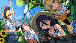 4girls absurdres animal_ear_headphones animal_ears aqua_halo aris_(blue_archive) black_hair blonde_hair blue_archive blue_eyes blue_shirt blush brown_jacket bug butterfly_net camisole cat_ear_headphones closed_eyes fake_animal_ears frilled_shirt frills game_development_department_(blue_archive) green_eyes green_halo hair_between_eyes halo hand_fan hand_net hat headphones highres holding holding_fan jacket long_hair long_hair_between_eyes midori_(blue_archive) momoi_(blue_archive) multiple_girls open_mouth outdoors pink_halo rectangular_halo red_hair red_skirt rhinoceros_beetle sakatsuki_yakumo shirt shorts siblings sisters skirt sky smile straw_hat t-shirt tree twins white_jacket yuzu_(blue_archive)