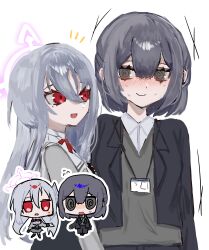 2girls absurdres bad_id bad_pixiv_id blazer blue_archive blush chibi chibi_inset collared_shirt female_sensei_(blue_archive) flustered grey_eyes grey_hair grey_jacket gyogyo150 hair_between_eyes half_updo head_wings highres jacket lanyard long_hair looking_at_another mole mole_under_eye multiple_girls nervous_sweating notice_lines office_lady red_eyes school_uniform sensei_(blue_archive) shirt short_hair single_head_wing smile suzumi_(blue_archive) sweat sweater_vest upper_body very_long_hair white_hair wings