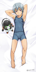 1boy barefoot bed_sheet boxers briefs bulge dakimakura_(medium) feet from_above full_body grey_eyes grey_hair lying male_focus male_underwear no on_back shirt shorts sleeveless sleeveless_shirt solo thighs toes torakichi_(ebitendon) toy underwear