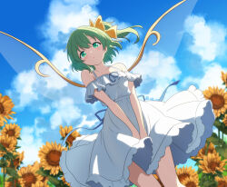Rule 34 | 1girl, alternate costume, bare shoulders, blue sky, bow, cato (monocatienus), cloud, daiyousei, dress, dress tug, fairy wings, flower, frilled dress, frills, green eyes, green hair, hair bow, highres, outdoors, short hair, side ponytail, sky, sleeveless, sleeveless dress, solo, sundress, sunflower, touhou, white dress, wings, yellow bow