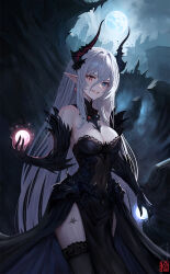 1girl asymmetrical_horns black_dress blue_eyes breasts covered_navel demon_girl detached_collar dress earrings elbow_gloves fangs gloves hair_between_eyes haruyuki_(karem) heterochromia highres horns jewelry leg_tattoo long_hair looking_at_viewer medium_breasts mismatched_horns mole mole_under_eye orb original pelvic_curtain pointy_ears red_eyes smile solo standing tattoo very_long_hair