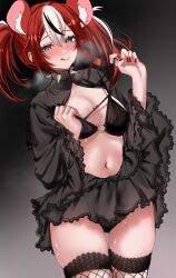 1girl acedia animal_ears black_hair blue_eyes bra breasts commentary english_commentary hakos_baelz heart highres hololive hololive_english licking_lips medium_breasts mouse_ears mouse_girl multicolored_hair navel red_hair red_nails solo streaked_hair tongue tongue_out twintails underwear virtual_youtuber white_hair