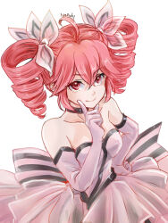 1girl ahoge alternate_costume back_bow bow breasts closed_mouth double-parted_bangs dress drill_hair elbow_gloves from_above gloves grey_dress grey_gloves hair_between_eyes hand_on_own_hip highres index_finger_raised kasane_teto looking_at_viewer nazuki red_hair simple_background small_breasts smile solo strapless strapless_dress twin_drills utau white_background