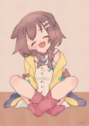 Rule 34 | 1girl, :d, amari (ama shiiiiiiba), animal collar, animal ears, belt collar, blush, bone hair ornament, braid, brown hair, buttons, closed eyes, collar, dog ears, dog girl, dog tail, double-parted bangs, dress, facing viewer, fangs, feet, full body, hair ornament, hairclip, highres, hololive, indian style, inugami korone, inugami korone (1st costume), jacket, knee blush, long hair, loose socks, low twin braids, low twintails, no shoes, off shoulder, on floor, open clothes, open jacket, open mouth, red collar, red socks, short dress, single bare shoulder, sitting, sleeveless, sleeveless dress, smile, socks, solo, tail, twin braids, twintails, virtual youtuber, white dress, yellow jacket