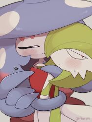 a-nya artist_name black_sclera blush bob_cut colored_sclera colored_skin gardevoir gen_3_pokemon gen_8_pokemon green_hair hair_over_one_eye half-closed_eyes hat hatterene highres multicolored_skin nintendo pink_eyes pink_skin pokemon pokemon_(creature) prehensile_hair restrained smile sweatdrop two-tone_skin white_skin witch_hat