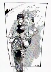 1boy 1girl border closed_mouth commentary face_piercing fear_&amp;_hunger_(series) fear_&amp;_hunger_2:_termina fur_jacket greyscale highres jacket levi_(fear_&amp;_hunger) long_hair long_sleeves marina_(fear_&amp;_hunger) monochrome motor_vehicle motorcycle mouth_piercing multiple_riders nul on_motorcycle open_clothes open_jacket open_mouth outside_border piercing riding short_hair shorts sideways_glance skirt smile white_border