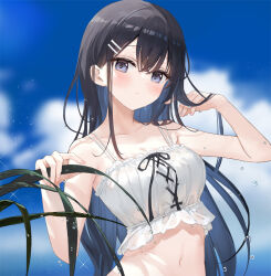 1girl bare_shoulders black_hair blue_eyes breasts cleavage closed_mouth cloud collarbone colored_inner_hair commentary_request crop_top fuumi_(radial_engine) hair_ornament hairclip hands_up long_hair looking_at_viewer medium_breasts midriff multi-strapped_shirt multicolored_hair navel original shirt sidelocks sleeveless sleeveless_shirt solo stomach upper_body wet white_shirt