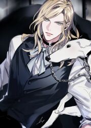 Rule 34 | 1boy, absurdres, black collar, black pants, black vest, blonde hair, blue eyes, blue ribbon, blurry, blurry background, borzoi, camus (uta no prince-sama), chain, chain leash, chair, collar, collared shirt, dog, highres, leash, lips, looking at viewer, luonnem, male focus, medium hair, neck ribbon, pants, parted lips, ribbon, shirt, signature, sleeves rolled up, solo, swept bangs, upper body, uta no prince-sama, v-shaped eyebrows, vest, wavy hair, white shirt