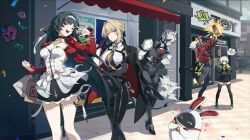 2boys 3girls anby_demara animal_ears arm_strap astra_yao asymmetrical_gloves bangboo_(zenless_zone_zero) belt billy_kid black_gloves black_hair black_pants black_thighhighs blonde_hair body_fur breasts chest_harness chinese_commentary cleavage collared_vest dress earrings evelyn_chevalier fingerless_gloves gloves green_jacket green_sleeves grey_hair hairband harness high-waist_pants highres humanoid_robot jacket jacket_on_shoulders jewelry large_breasts long_hair miniskirt multicolored_sleeves multiple_boys multiple_girls necklace necktie official_art one_eye_closed pants pearl_necklace pleated_skirt purple_eyes red_eyes red_jacket robot shirt short_hair skirt sleeveless sleeveless_jacket sleeveless_shirt tail thigh_beads thigh_belt thigh_strap thighhighs tight_clothes tight_pants uneven_gloves vest von_lycaon white_dress white_fur white_hair white_hairband white_shirt wolf_boy wolf_ears wolf_tail yellow_necktie zenless_zone_zero zettai_ryouiki