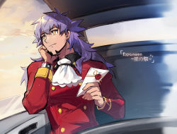 1boy ascot buttons closed_mouth cloud commentary_request dark-skinned_male dark_skin dynamax_band envelope facial_hair head_rest highres holding holding_envelope leon_(pokemon) long_hair looking_to_the_side male_focus nintendo pokemon pokemon:_twilight_wings pokemon_(anime) purple_hair sky smile solo tailcoat white_ascot yellow_eyes youchengyan
