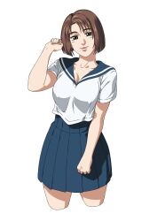 Rule 34 | 1girl, antoniomalara, breasts, brown eyes, brown hair, cleavage, commission, cowboy shot, cropped legs, head tilt, highres, initial d, large breasts, miniskirt, mogi natsuki, pink lips, pleated skirt, school uniform, serafuku, shin gekijouban initial d, short hair, skirt, smile, solo