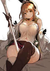 1girl atelier_(series) atelier_ryza atelier_ryza_1 beret blush breasts brown_eyes brown_gloves brown_hair brown_thighhighs cleavage closed_mouth gloves hair_ornament hairclip hat highres holding holding_staff jewelry koruse looking_at_viewer medium_breasts navel necklace red_shorts reisalin_stout short_hair short_shorts shorts simple_background sitting sketch smile solo staff star_(symbol) star_necklace thighhighs thighs white_background white_hat white_thighhighs