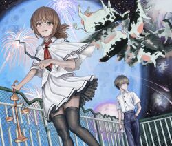 1boy 1girl absurdres aerial_fireworks black_pants black_thighhighs blue_eyes blush brown_hair capelet chinese_commentary collared_shirt commentary_request cow cross cross_print dress_shirt dual_wielding feet_out_of_frame fireworks folded_ponytail frilled_skirt frills full_moon green_eyes hair_between_eyes hallucination hand_in_pocket hand_up highres holding holding_scale holding_whip jiawenqing lips looking_at_viewer looking_to_the_side mamiya_takuji medium_hair miniskirt mixed-language_commentary moon multiple_moons necktie night night_sky outdoors pants parted_lips pleated_skirt print_necktie railing red_necktie school_uniform shirt short_hair short_sleeves skirt sky standing subarashiki_hibi tachibana_kimika thighhighs weighing_scale white_capelet white_shirt white_skirt zettai_ryouiki