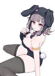 1girl animal_ears black_leotard breasts brown_thighhighs cleavage commentary danganronpa_(series) danganronpa_2:_goodbye_despair detached_collar fake_animal_ears fake_tail fishnet_thighhighs fishnets highres leotard looking_at_viewer mole mole_on_breast nanami_chiaki nia_(nya_nanjr) official_alternate_costume playboy_bunny rabbit_ears rabbit_tail sitting smile solo tail thighhighs