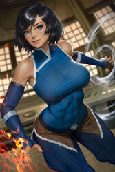 1girl avatar_legends black_hair blue_eyes blue_gloves blurry blurry_background breasts closed_mouth elbow_gloves fingerless_gloves fire gloves hair_between_eyes highres korra lips magic neoartcore patreon_username short_hair solo the_legend_of_korra wooden_floor