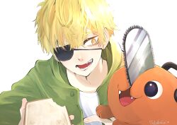 1boy absurdres black_eyes blonde_hair bread chainsaw_man coat denji_(chainsaw_man) eyelashes eyepatch fingernails food green_coat highres holding holding_food male_focus mocha_fushigi open_mouth pochita_(chainsaw_man) sharp_teeth shirt short_hair signature teeth white_background white_shirt yellow_eyes