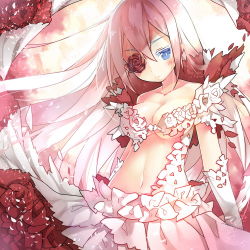 1girl blue_eyes breasts cleavage collarbone colored_eyelashes cowboy_shot dress female_focus flower long_hair looking_down navel original petals pink_hair red_flower saru skirt solo white_dress white_flower