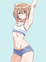 armpits arms_up blanc_(neptunia) blue_background blue_eyes blue_shorts breasts brown_hair choujigen_game_neptune cleavage highres holding_own_arm navel neptune_(series) short_hair short_shorts shorts simple_background small_breasts sports_bra zatsu