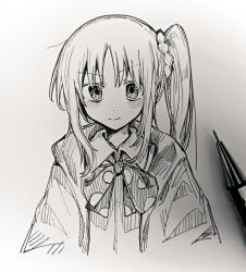 Rule 34 | 1girl, art tools in frame, blush, bocchi the rock!, closed mouth, commentary request, cropped torso, graphite (medium), greyscale, hatching (texture), ijichi nijika, jacket, linear hatching, long hair, long sleeves, looking at viewer, mechanical pencil, monochrome, pencil, ribbon, school uniform, shimokitazawa high school uniform, side ponytail, takoiro, traditional media, woven hatching