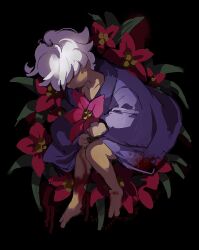 1boy barefoot blood blood_on_clothes collarbone covered_eyes dark-skinned_male dark_skin flower hair_over_eyes holding holding_flower kmitty male_focus nine_sols red_flower short_hair shuanshuan_(nine_sols) solo white_hair