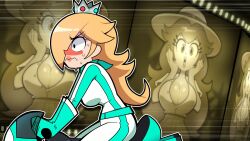 2girls absurdres blonde_hair blush bodysuit breasts cleavage crown female_focus gloves hair_over_one_eye hat highres large_breasts long_hair looking_at_viewer mario_(series) mario_kart mario_kart_world multiple_girls nintendo princess_peach rosalina scott_falco sweat