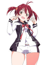Rule 34 | 1girl, :d, black legwear, blush, brown eyes, female focus, hair ornament, hair scrunchie, isshiki akane, ixy, long sleeves, looking at viewer, national shin ooshima school uniform, open mouth, red hair, red neckwear, ribbon, school uniform, scrunchie, short hair, short shorts, shorts, simple background, smile, solo, thighs, twintails, vividred operation, white background
