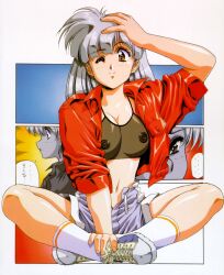 Rule 34 | 1990s (style), 1girl, breasts, covered erect nipples, crop top, grey hair, hand on own head, highres, indian style, jacket, large breasts, looking at viewer, midriff, navel, nipples, one eye closed, open clothes, open jacket, original, raised eyebrows, red jacket, retro artstyle, see-through clothes, shoes, short sleeves, shorts, sitting, smile, sneakers, socks, solo, speech bubble, unzipped, urushihara satoshi, yellow eyes
