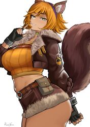 1girl absurdres animal_ears artist_name black_gloves breasts brown_hair brown_jacket brown_shorts choker fingerless_gloves freckles gloves green_choker green_eyes highres jacket kalennoir large_breasts looking_at_viewer marvel marvel_rivals midriff navel open_clothes open_jacket plump short_hair short_shorts shorts squirrel_ears squirrel_girl squirrel_girl_(marvel) squirrel_tail tail tank_top white_background