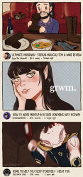 1girl 2boys baldur&#039;s_gate baldur&#039;s_gate_3 beard colored_skin dragon_boy dragonborn_(d&amp;d) dungeons_&amp;_dragons earrings elf facial_hair gale_(baldur&#039;s_gate) highres horns jewelry long_hair looking_at_viewer lucidpeech medium_hair multiple_boys pointy_ears red_eyes scar shadowheart_(baldur&#039;s_gate) simple_background smile social_network teeth the_dark_urge_(baldur&#039;s_gate)