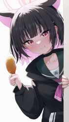 1girl absurdres animal_ears black_hair blue_archive blush boned_meat cat_ears cat_girl closed_mouth colored_inner_hair eating extra_ears food green_sailor_collar hair_ornament hairclip halo highres kazusa_(blue_archive) looking_at_viewer meat multicolored_hair neckerchief number-only_commentary pink_eyes pink_hair pink_neckerchief sailor_collar school_uniform two-tone_hair wendao white_background
