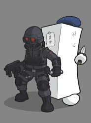 1boy anger_vein b&amp;t_mp9 back-to-back bag belt black_gloves body_armor buckle bulletproof_vest combat_helmet food gas_mask gloves grey_background gun hat helmet highres holding holding_gun holding_knife holding_weapon hunk_(resident_evil) knee_pads knife long_sleeves mask optical_sight pouch red-tinted_eyewear resident_evil resident_evil_(movie) resident_evil_2 resident_evil_2_(remake) rrrrudel_(artist) shadow simple_background snap-fit_buckle steyr_arms submachine_gun sweat tactical_clothes tinted_eyewear tofu tofu_(resident_evil) umbrella_corporation_(logo) uniform utility_belt weapon