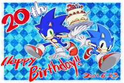 2boys birthday_cake blue_background blue_theme cake checkered_background dual_persona erumu_(timetheworld) food fork full_body furry furry_male gloves green_eyes happy_birthday highres holding holding_cake holding_food male_focus multiple_boys sonic_(series) sonic_generations sonic_the_hedgehog utensil_in_mouth white_gloves